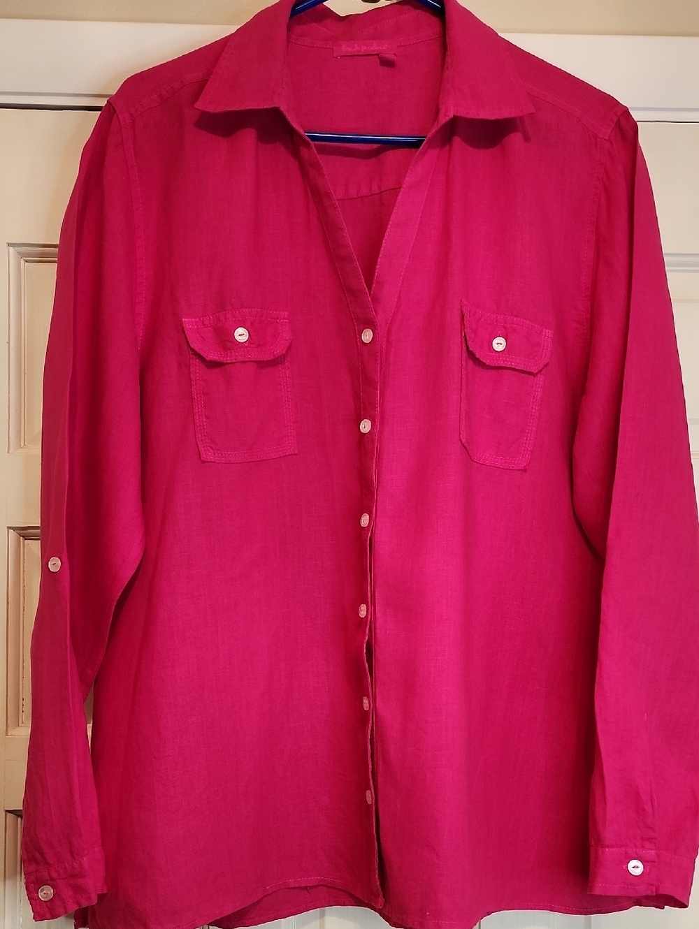 FRESH PRODUCE 100% Linen Pink Button Down VNeck Shirt 2 Pockets +Roll Up Sleeves